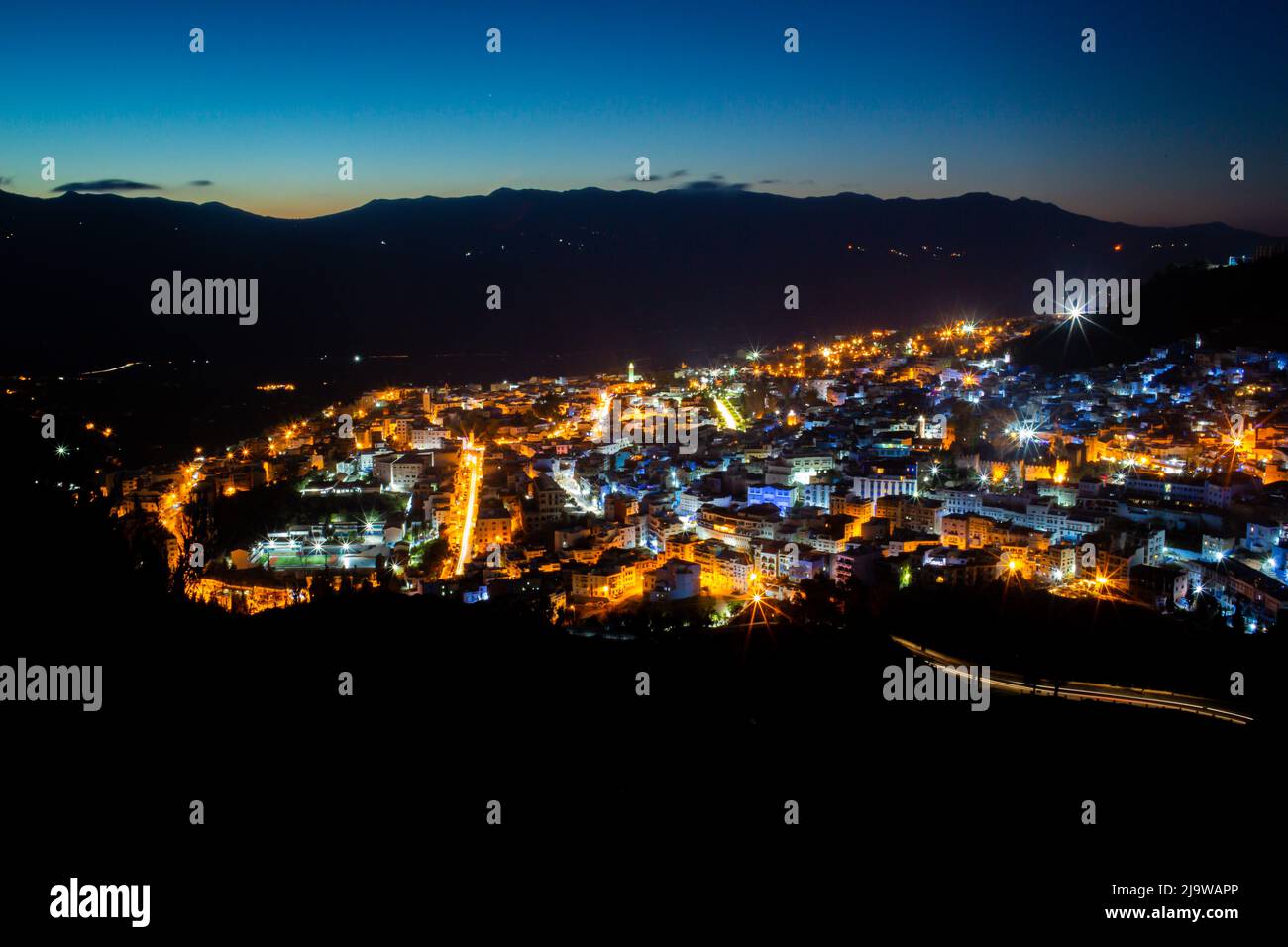 Cityscape of the blue city Chefchaouen by night Stock Photo