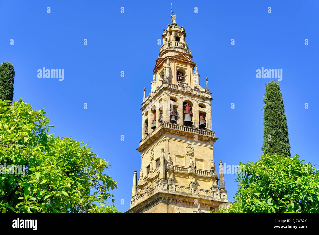 The Bell Tower of the Mezquita-Catedral (Mosque-Cathedral) of Cordoba, a UNESCO World Heritage Site. Patio de los Naranjos. Andalucia, Spain Stock Photo
