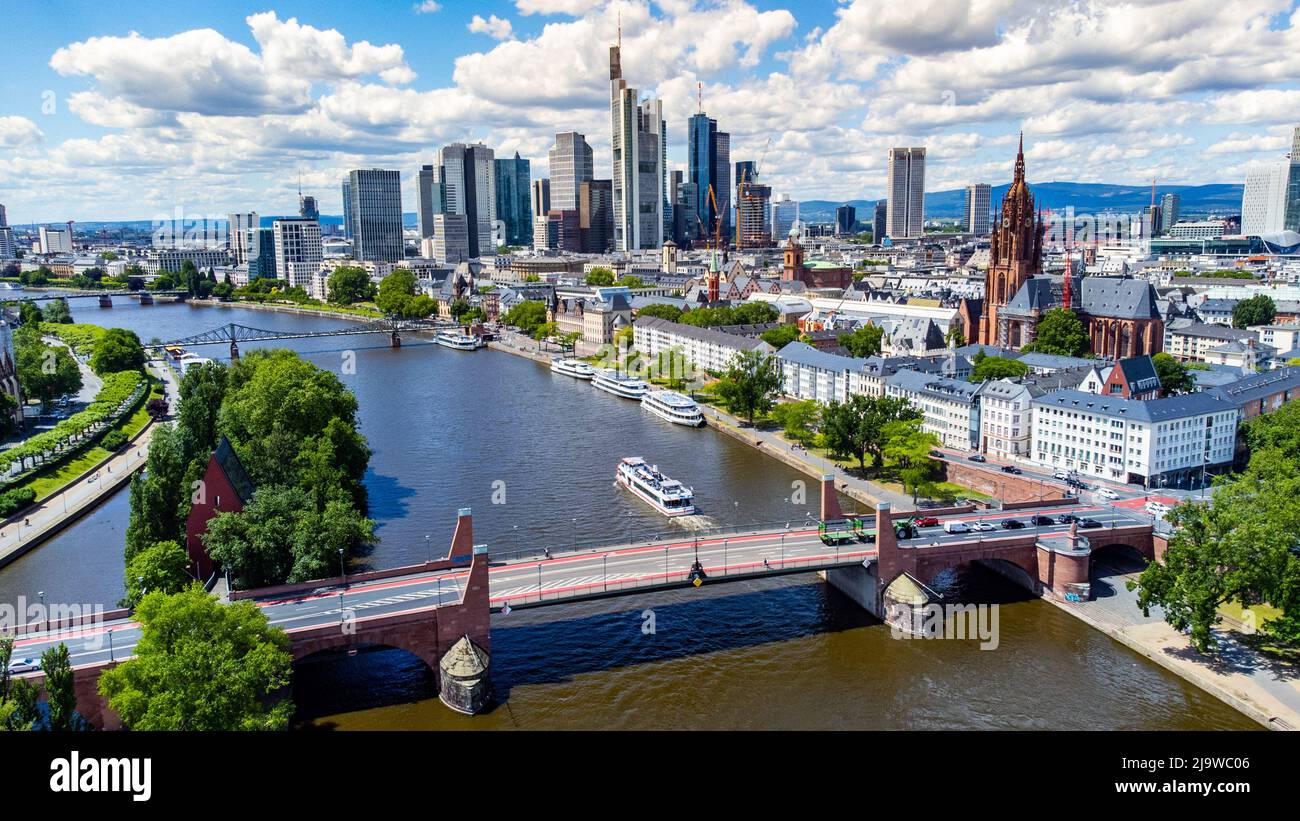 Boat tour on the Main River and downtown skyline, Frankfurt, Germany Stock Photo