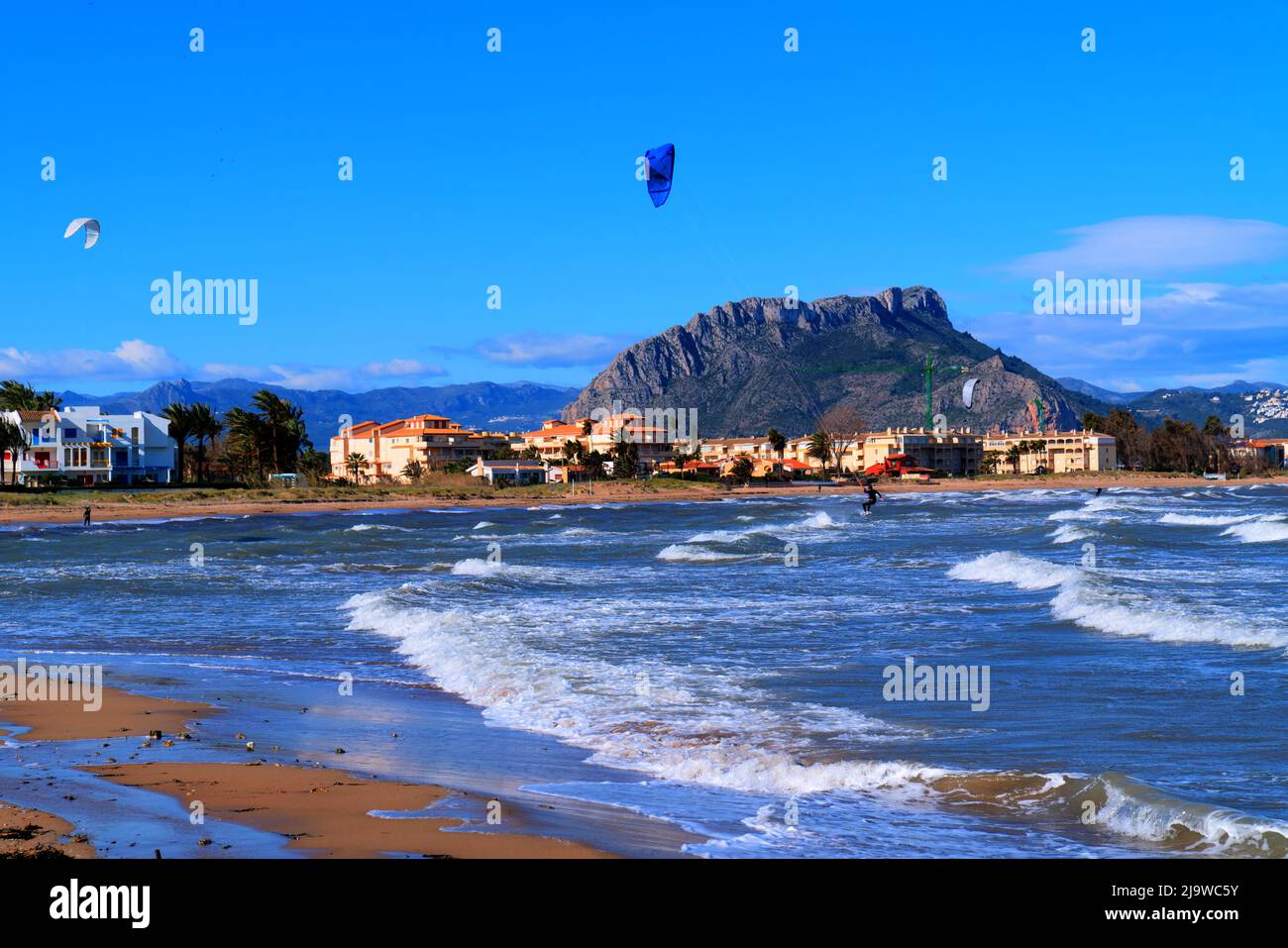 Kite surfing Costa Blanca Spain Playa Els Molins beach near Denia Stock Photo
