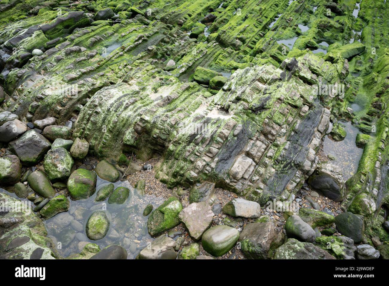 The strata of Jurassic rock on the Asturias Dinosaur coast, on 14th May 2022, in Ribadesella, Asturias, Spain. Stock Photo