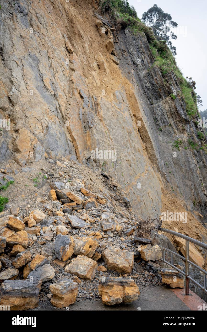 Fallen sandstone cliff rocks block the coastal path of the Asturias ...