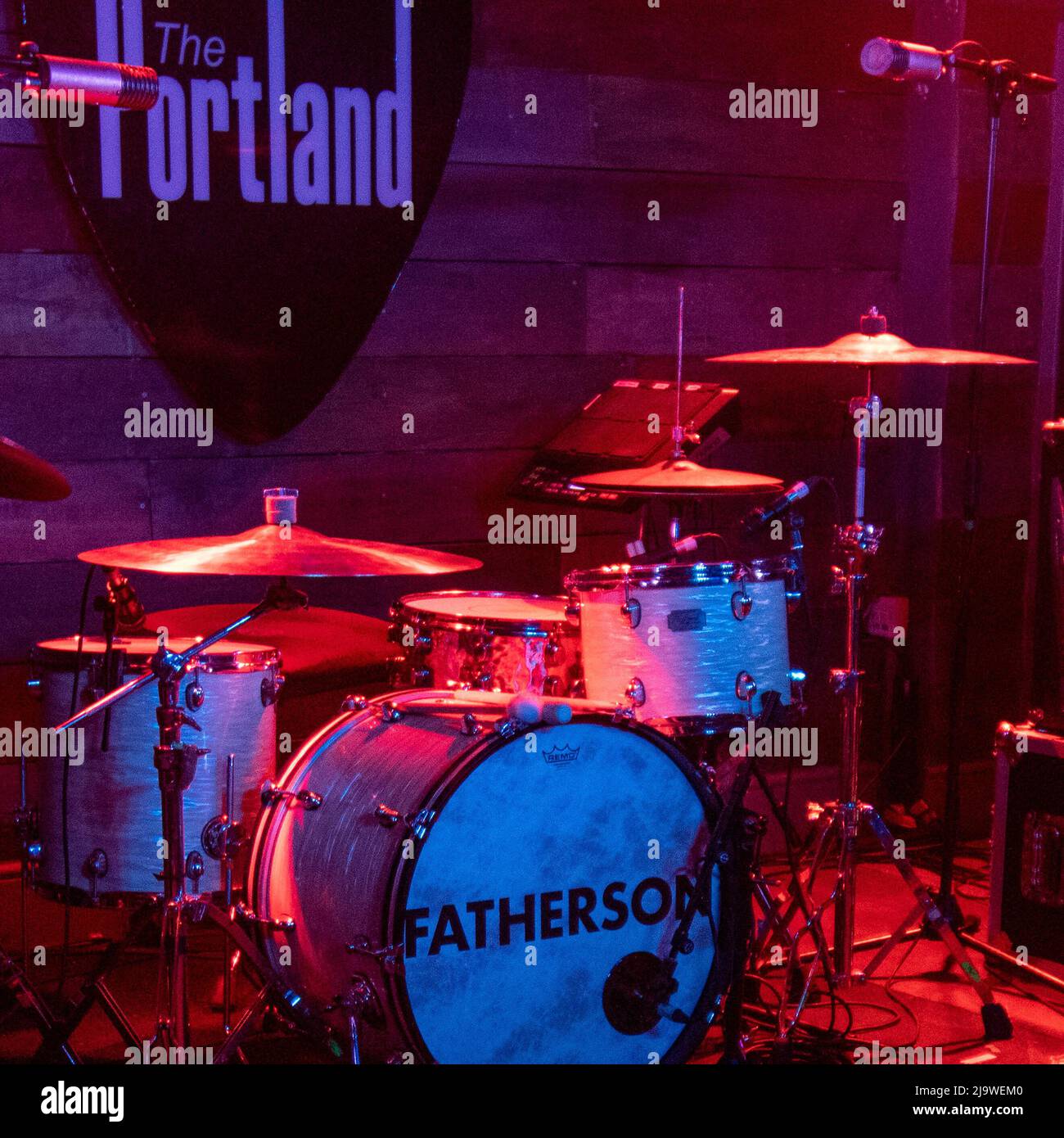 Fatherson drum kit just before their live performance  at the Portland Arms, Cambridge Stock Photo