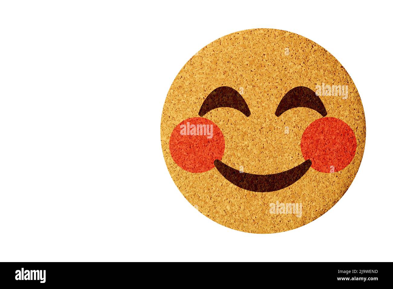 smiling face emoji,round cork coaster on white background Stock Photo