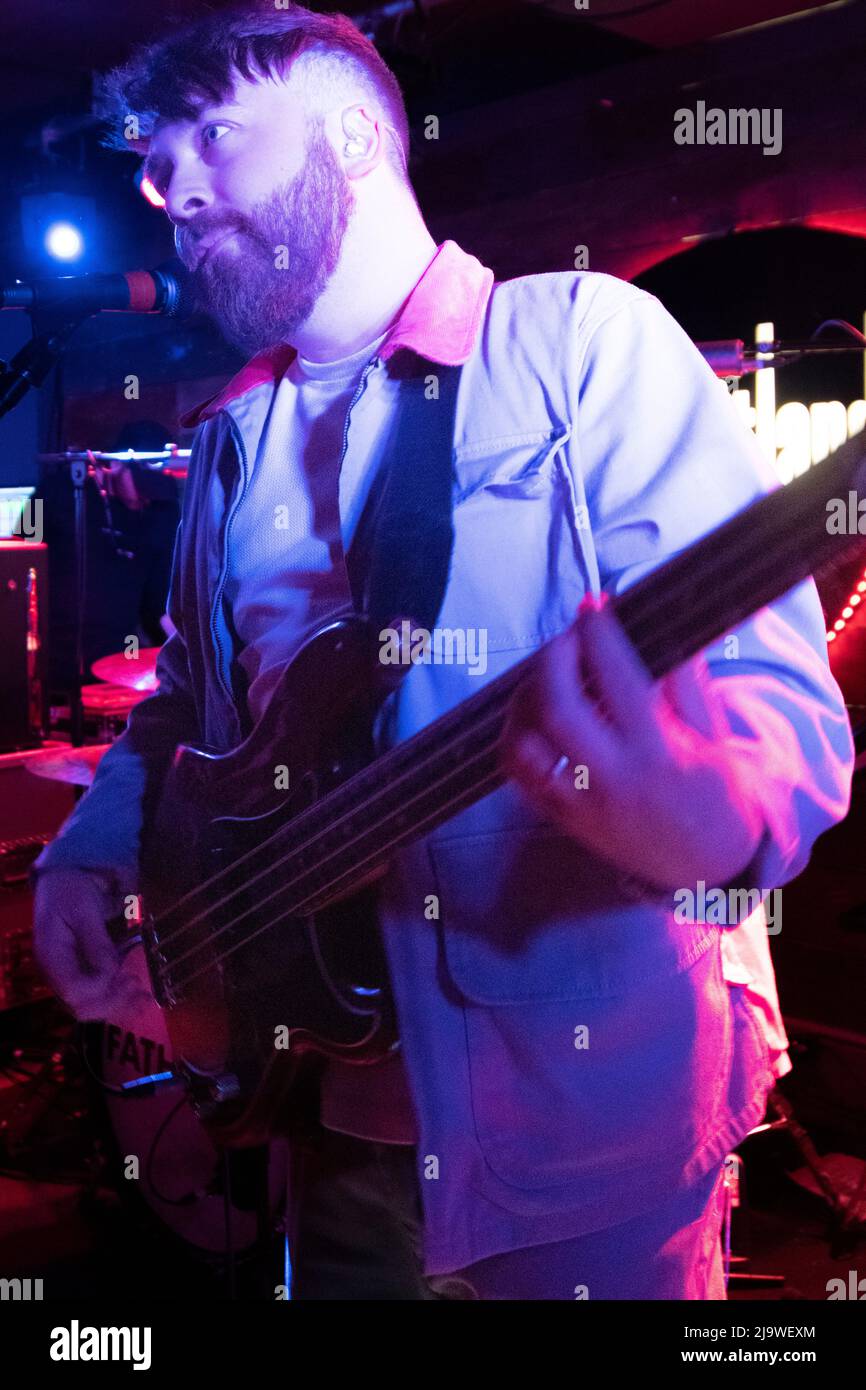 Mark Strain of Fatherson playing  bass guitar at the Portland Arms, Cambridge Stock Photo