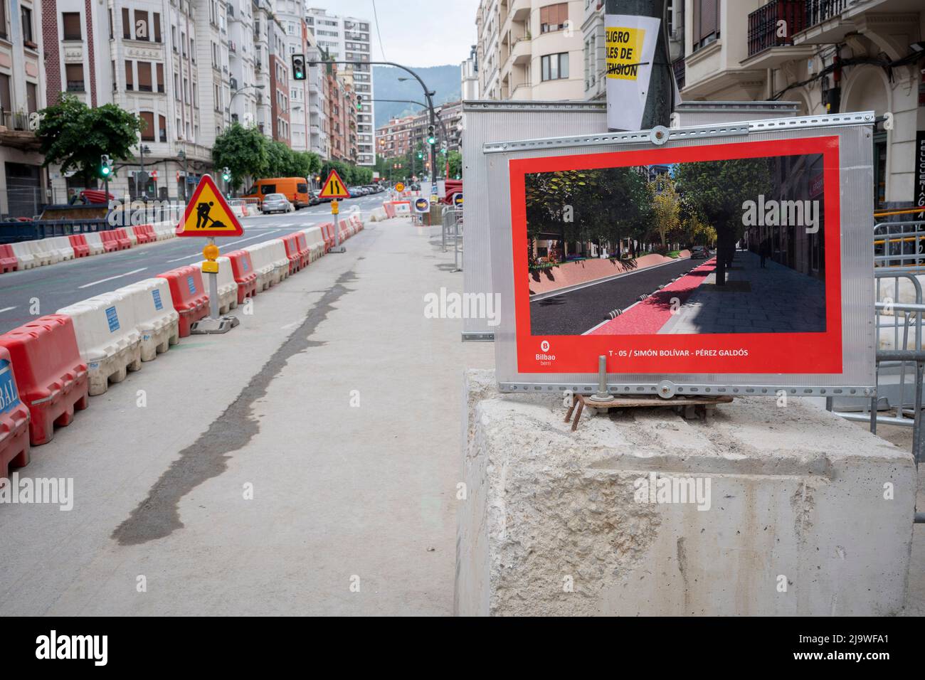 Street improvements are well underway on 'Maria Diaz Haroko Kalea' where pedestrian and cycling landscaping will improve Spanish lifestyle in central Bilbao, on 21st May 2022, in Bilbao, Cantabria, Spain. Stock Photo