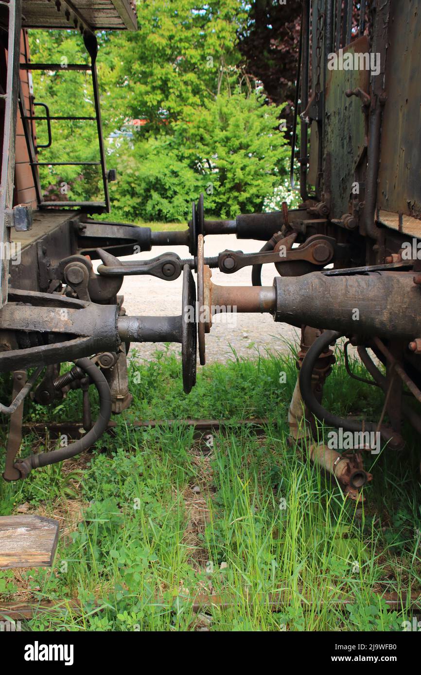 Buffer and clutch on an old railroad car Stock Photo