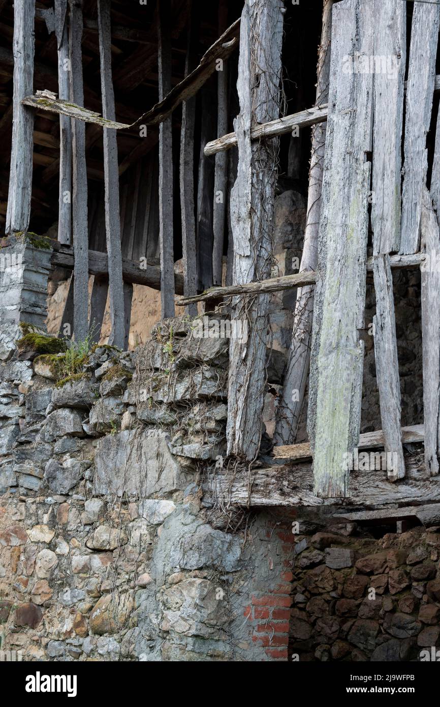 A derelict farming property in a rural Spanish village, on 15th May 2022, in Mesta de Con, Picos Mountains, Asturias, Spain. Stock Photo