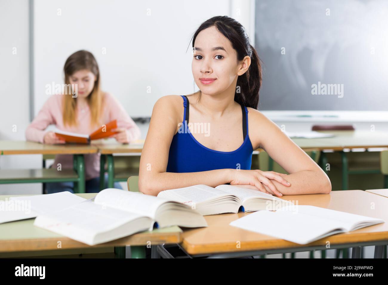 Smiling schoolgirl is learning at the desk Stock Photo - Alamy