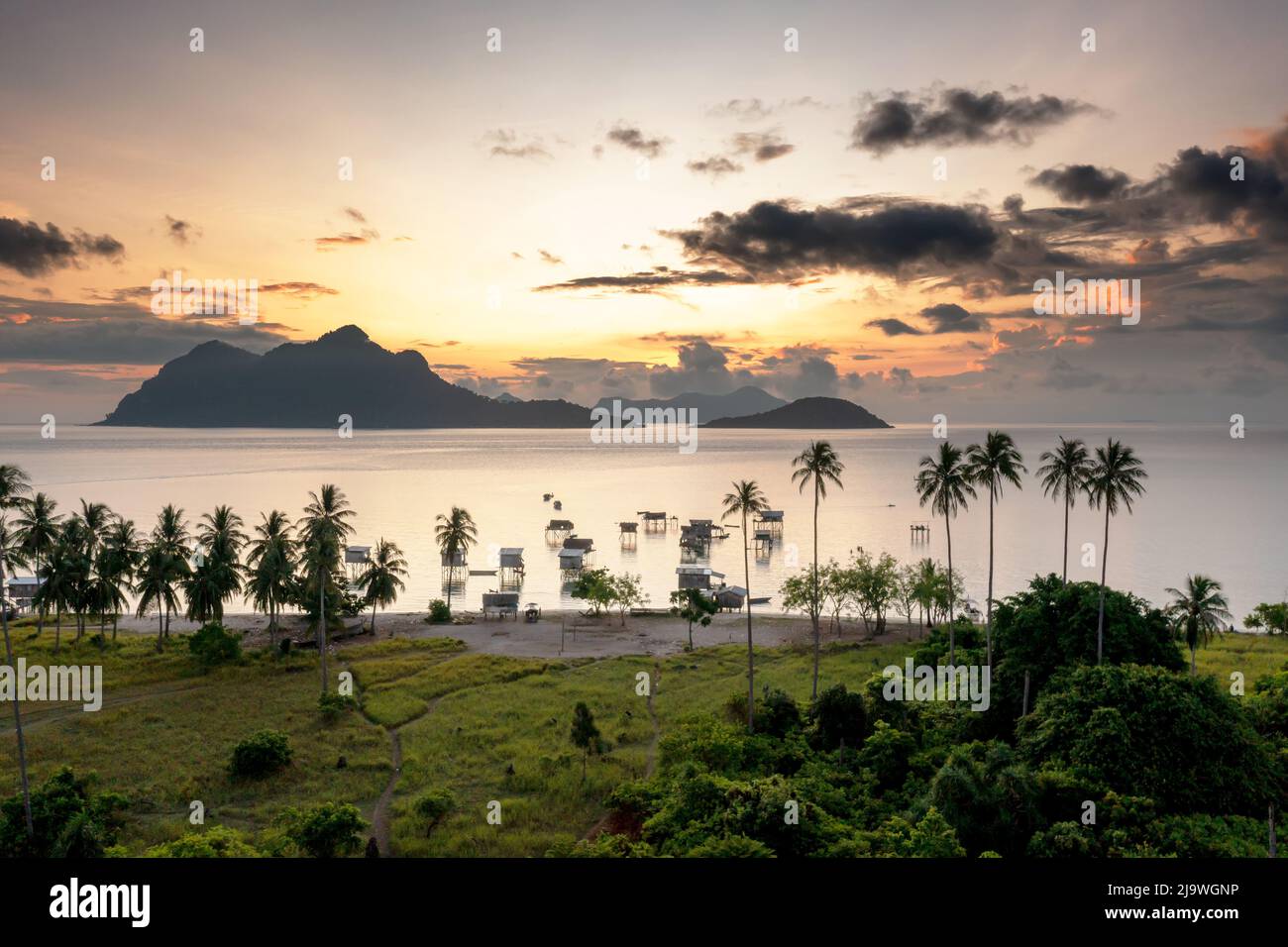 Sunrise drone point of view tropical island, Maiga island, Semporna Sabah Malaysia Stock Photo
