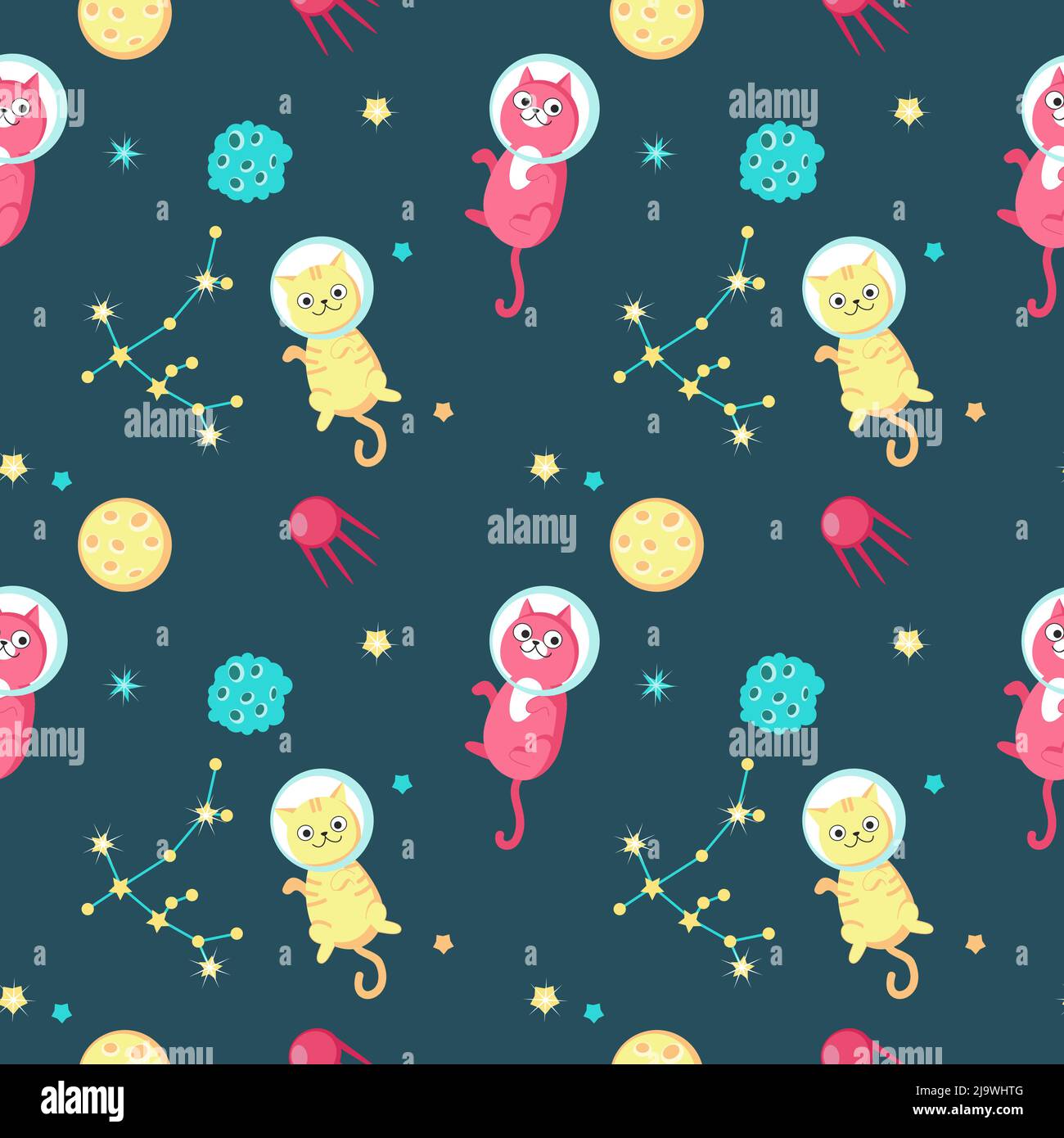 Cute cats in outer space vector seamless pattern Stock Vector