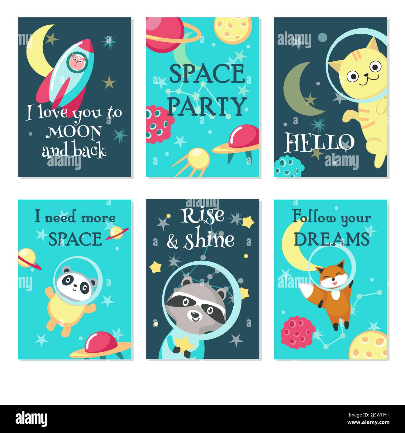 Space party invitation card vector template set Stock Vector