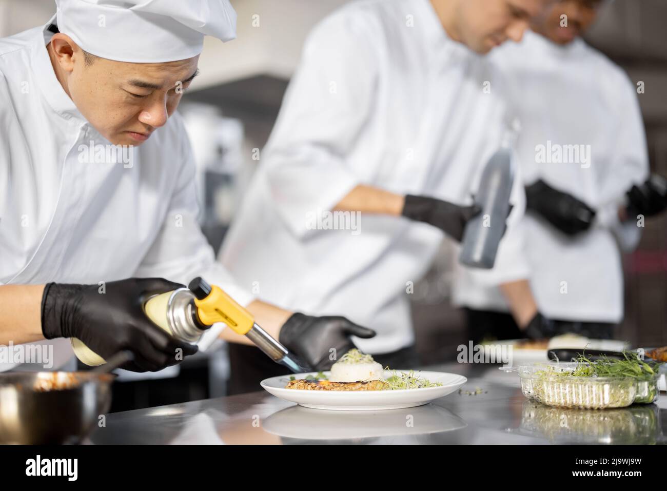 Multiracial group of cooks finishing main courses while working