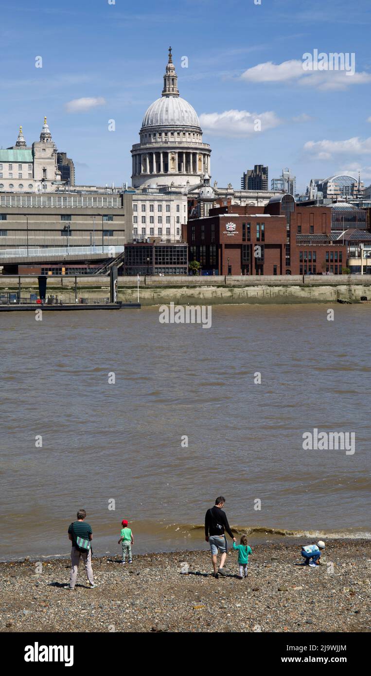 Sandy Beach River Thames at Low Tide Dome of St Paul's Cathedral London Stock Photo