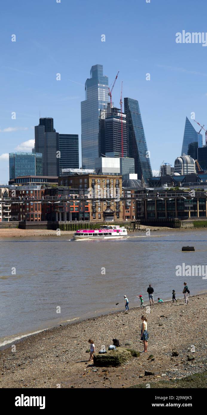 Dandy Beach River Thames at Low Tide Iconic Buildings in City of London Stock Photo