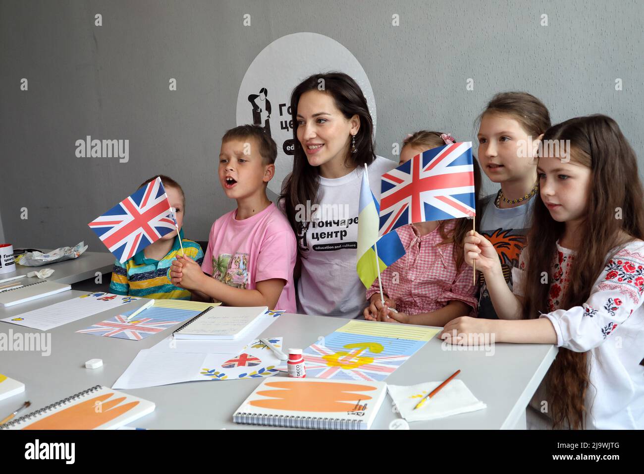 ODESA, UKRAINE - MAY 25, 2022 - Children write their letters to UK Prime Minister Boris Johnson who has written an open letter to the children of Ukra Stock Photo