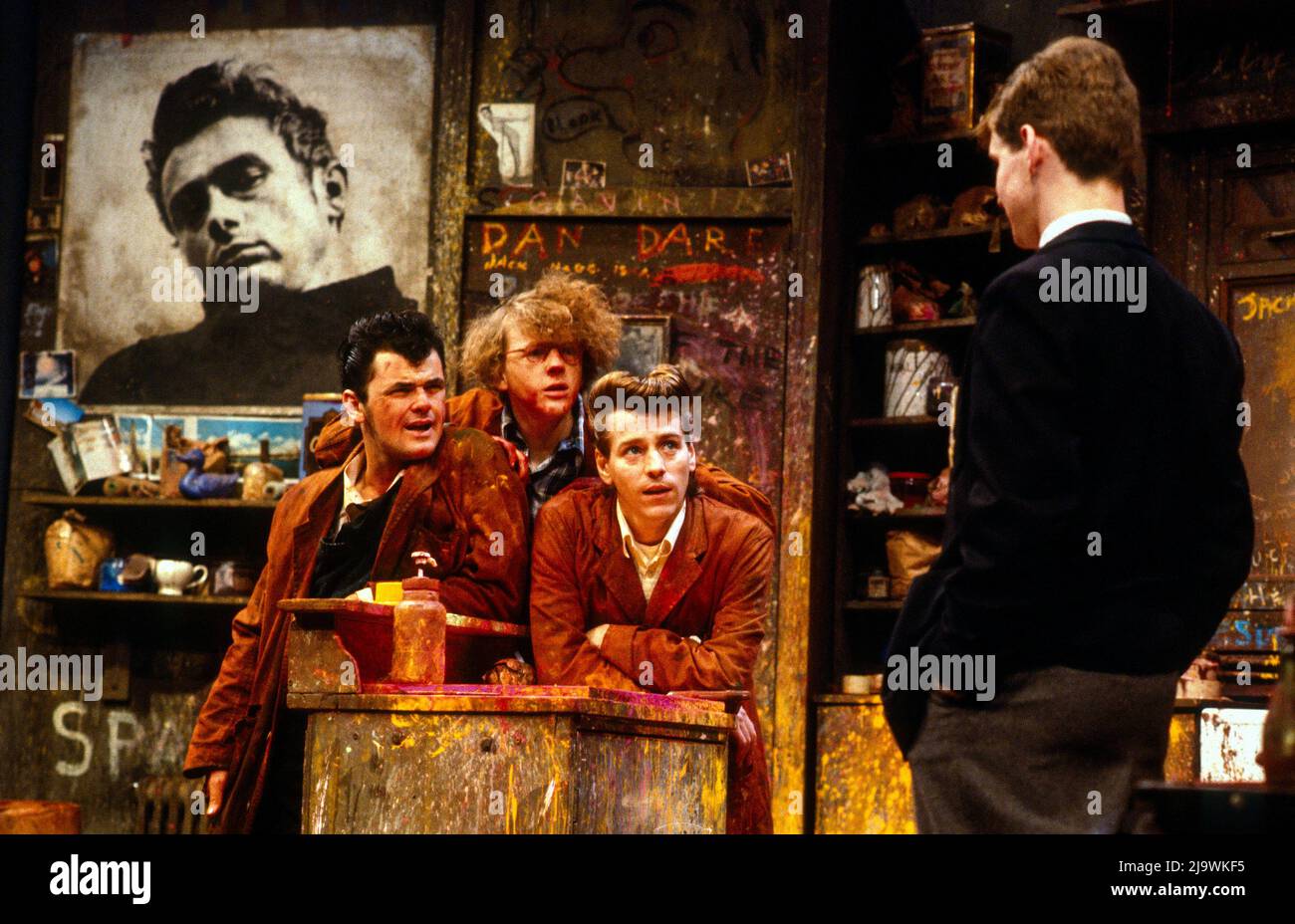 l-r: Gerard Kelly (Spanky Farrell), Iain Andrew (Hector McKenzie), Billy McColl (Phil McCann), Nicholas Sherry (Alan Downie) in PAISLEY PATTERNS part 1 of THE SLAB BOYS TRILOGY by John Byrne at the Royal Court Theatre, London SW1  18/11/1982  a Traverse Theatre Company production  design: John Byrne  lighting: Colin Scott  director: David Hayman Stock Photo