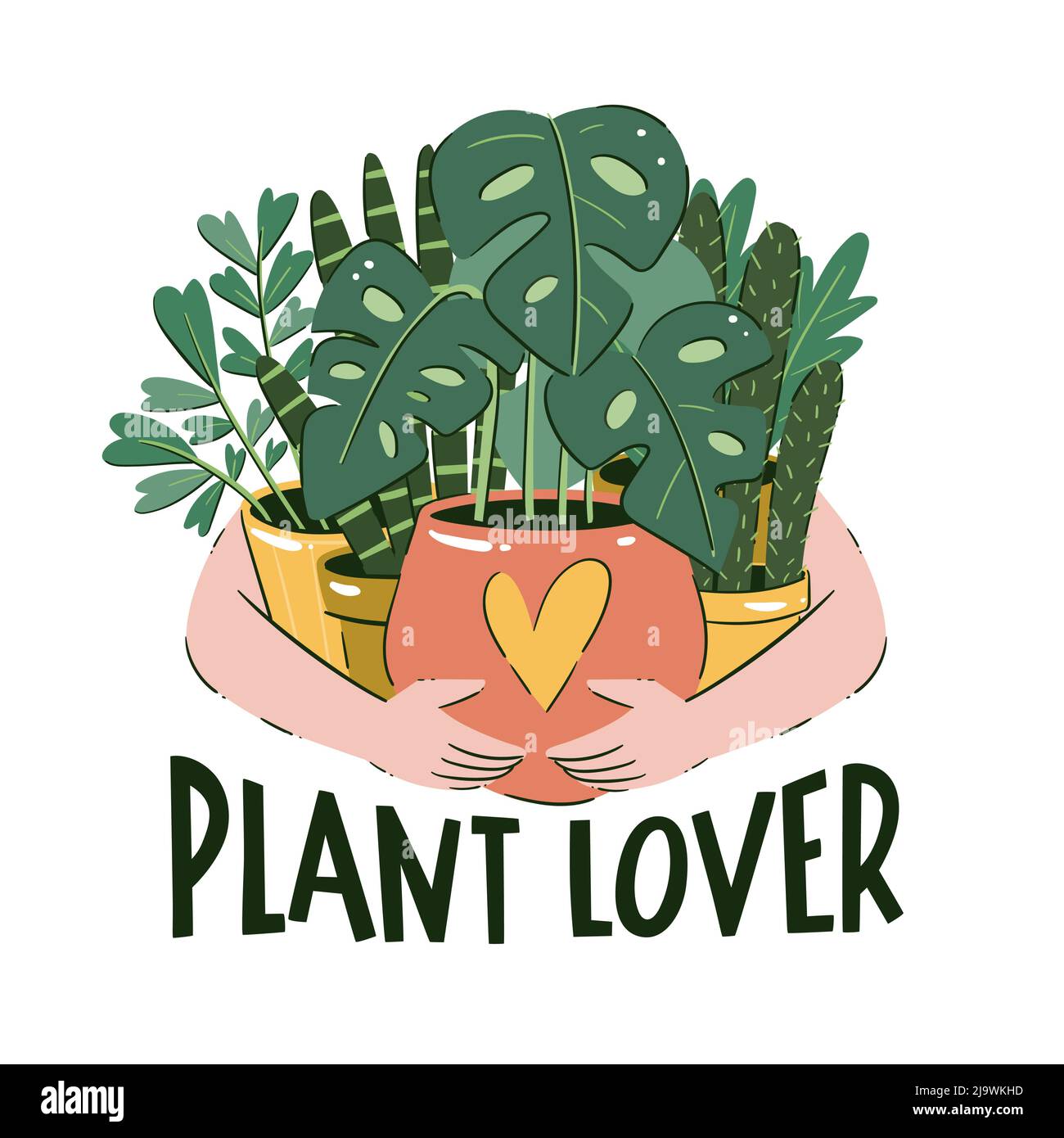 Plant lover concept. Someone is holding a bunch of house plants in their pots. Hand-drawn vector illustration. Stock Vector