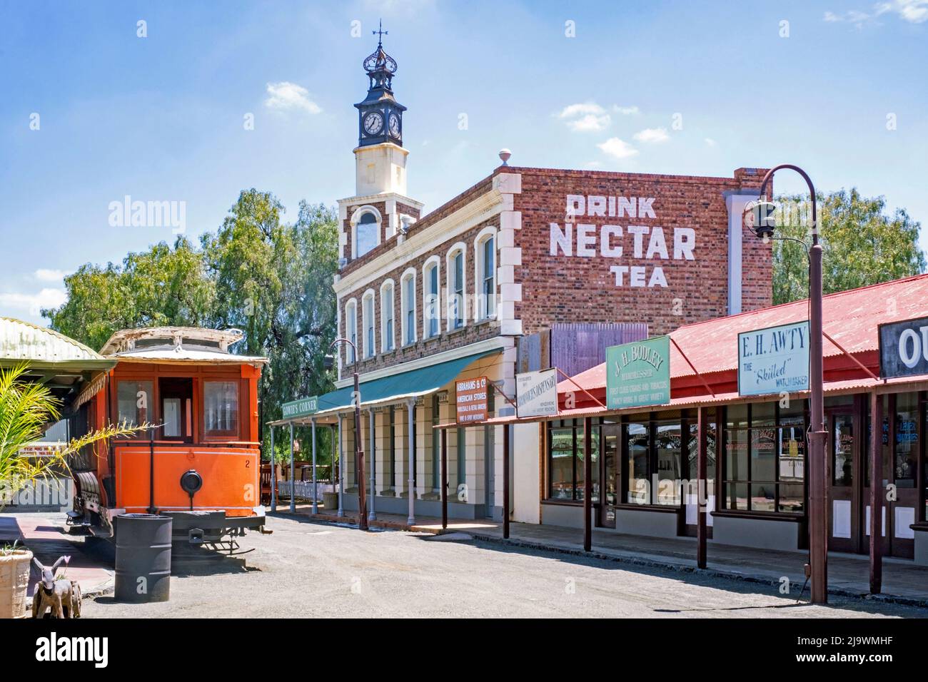 Old tram and Victorian buildings / shops of the Big Hole and Open Mine Museum in Kimberley, Frances Baard, Northern Cape province, South Africa Stock Photo