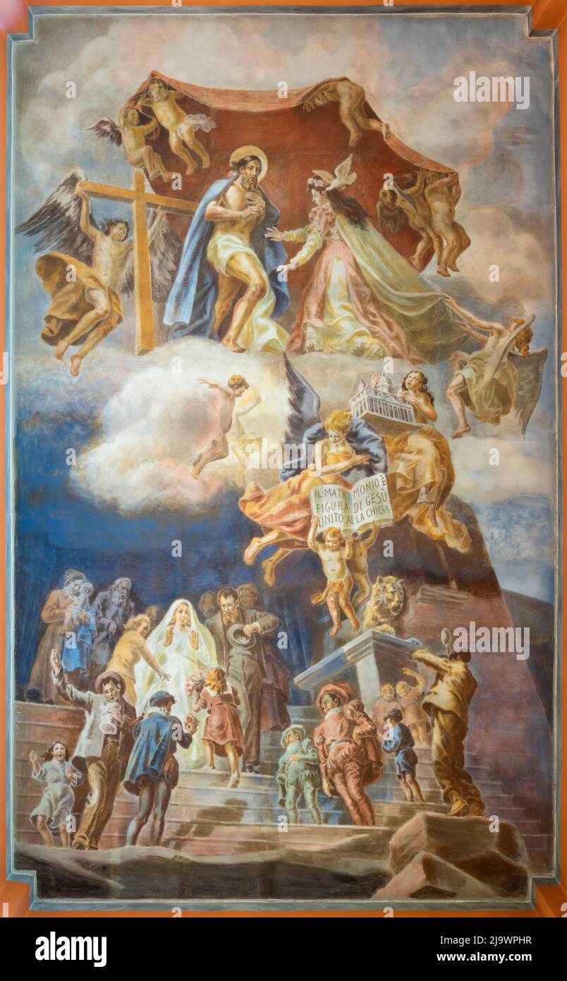 BARI, ITALY - MARCH 5, 2022: The fresco of Marriage as the symbol of unity of Christ and Church in the church Chiesa del Redentore by Giuseppe Melle Stock Photo