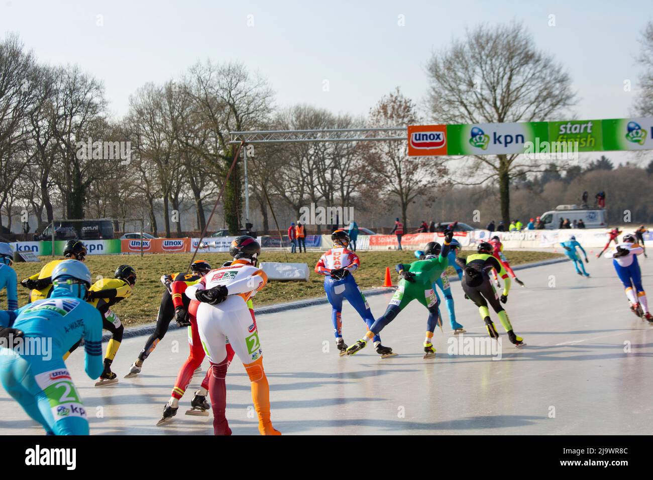 Marathon Ice speed skating on outdoor natural ice in Noordlaren in Drenthe, The Netherlands in 2018.  End results: 1)Simon Schouten, 2) Crispijn Arien Stock Photo