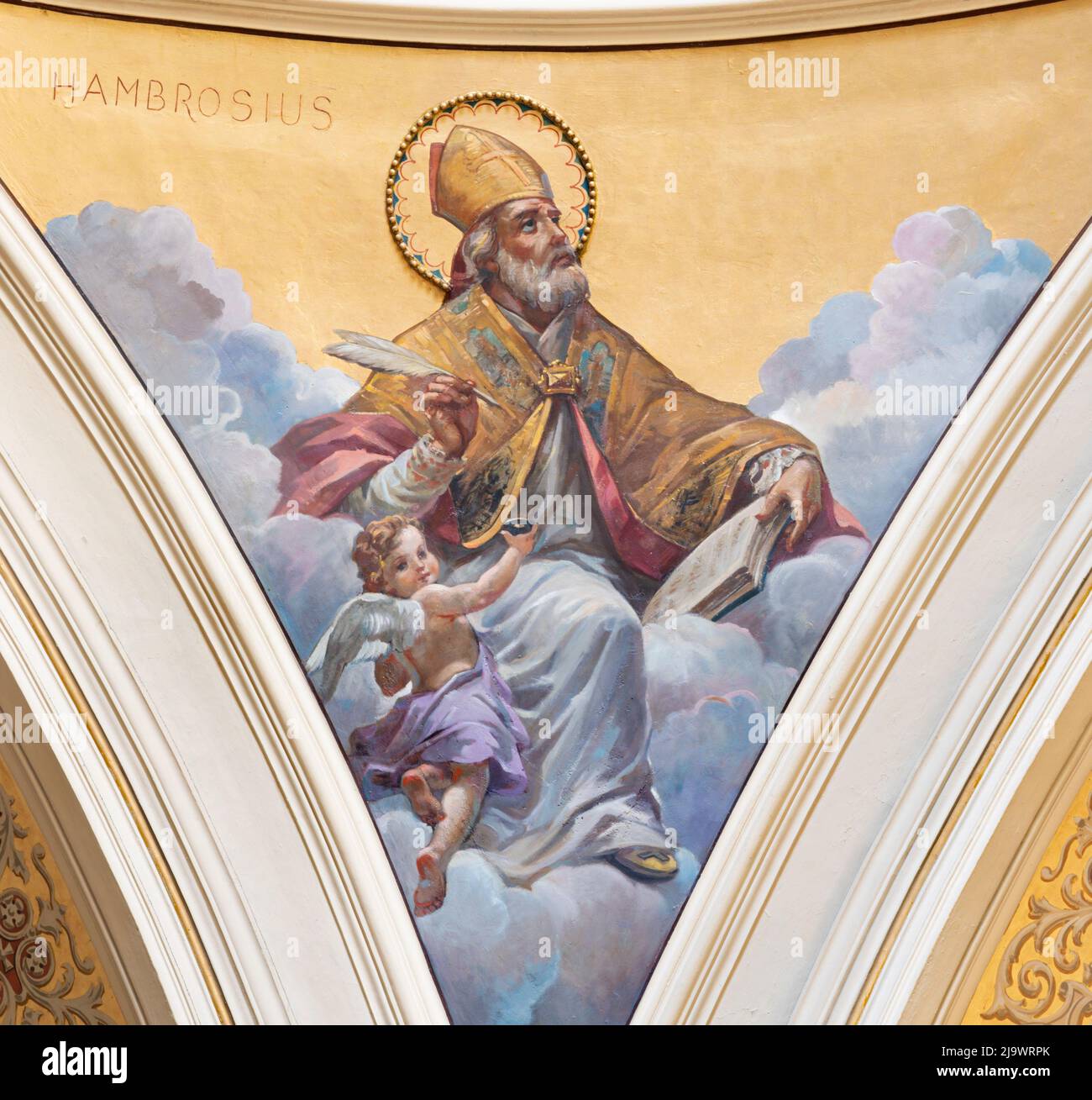 BARI, ITALY - MARCH 3, 2022: The fresco of Ambrose doctor of the church in the church Chiesa San Ferdinando by Nicola Colonna (1862 -1948). Stock Photo