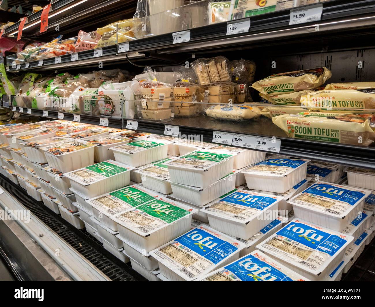 Lynnwood, WA USA - circa March 2022: Angled view of tofu packages for sale inside a Town and Country Market. Stock Photo
