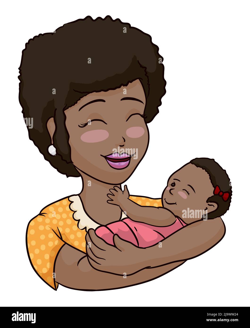 Smiling brunette mom, with afro hair and blushed gesture, carrying her newborn baby girl in arms. Stock Vector