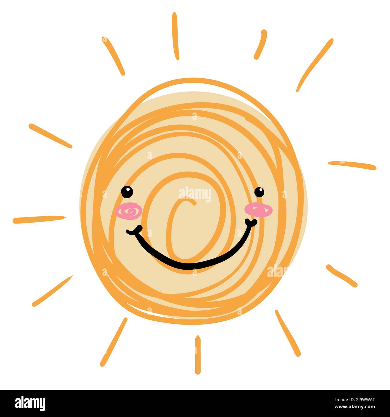 Childish doodle drawing of a smiling sun with blushed gesture. Stock Vector