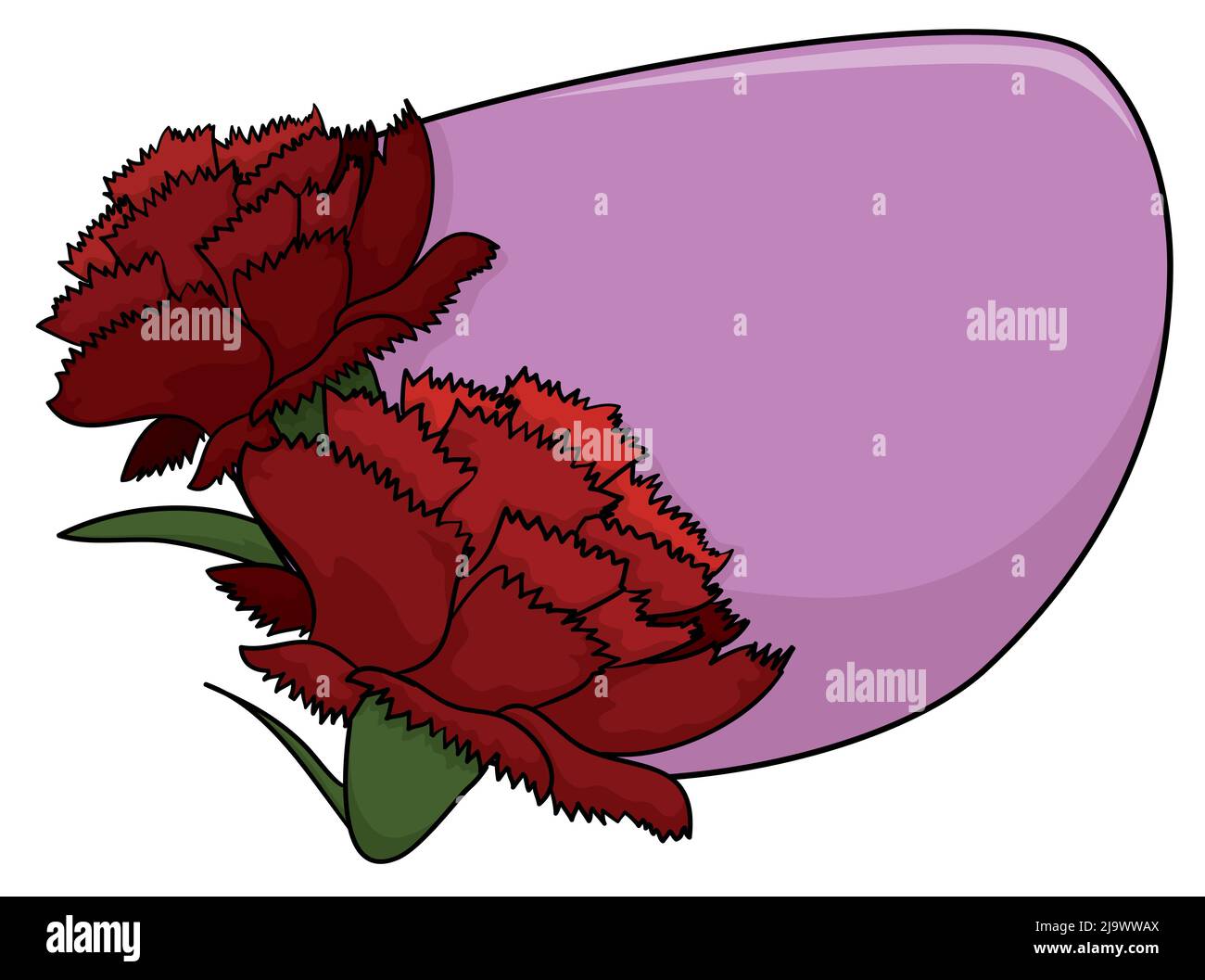 Violet sign template, decorated with couple of beautiful red carnations