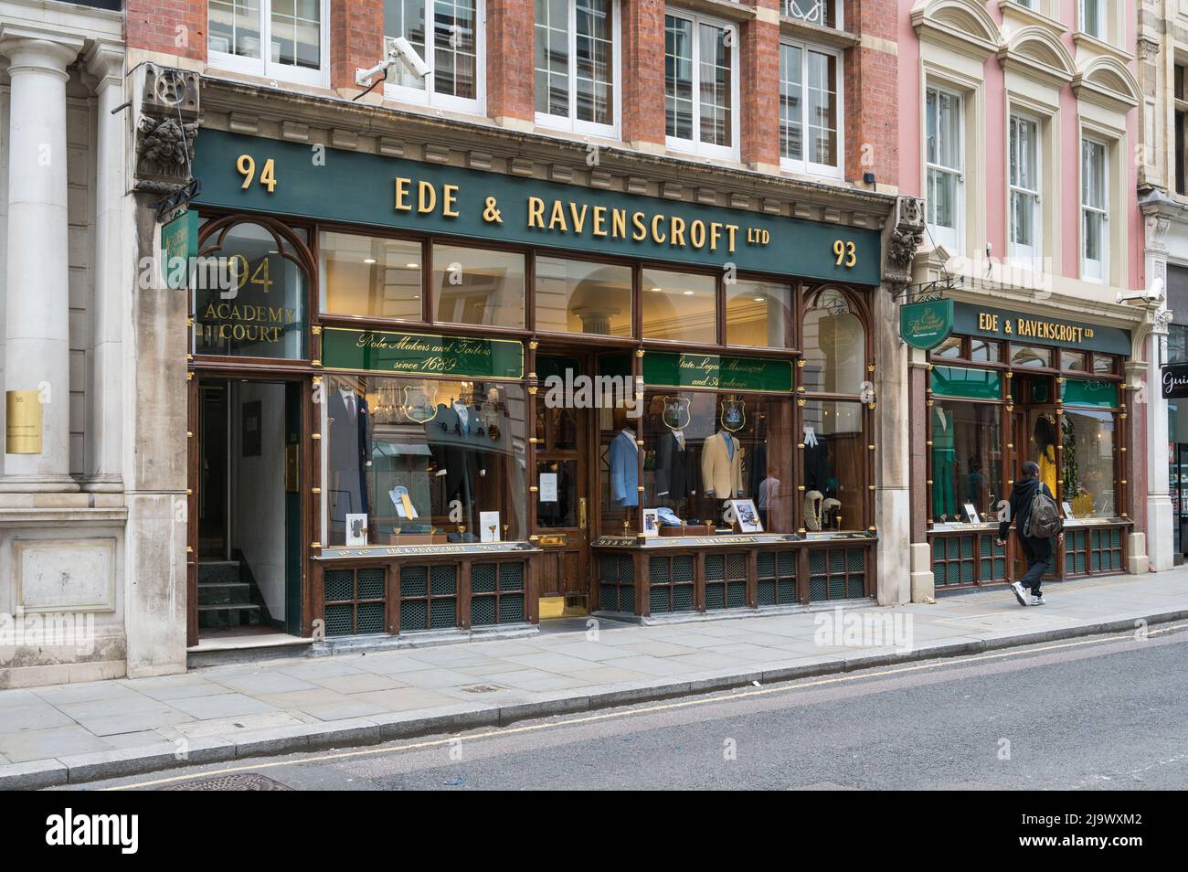 Exterior of the shopfront of Ede & Ravenscroft, thought to be the oldest firm of tailors in the world. Chancery Lane, London, England, UK. Stock Photo