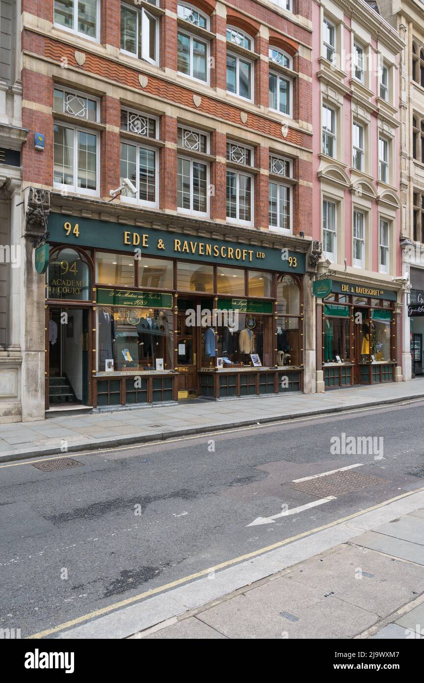 Exterior of the shopfront of Ede & Ravenscroft, thought to be the oldest firm of tailors in the world. Chancery Lane, London, England, UK. Stock Photo