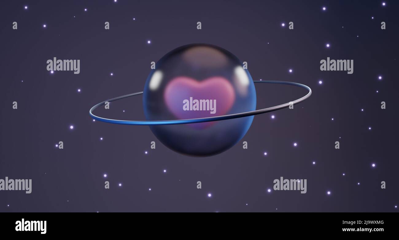 Pink heart in glass bubble against starry sky background, 3d render ...