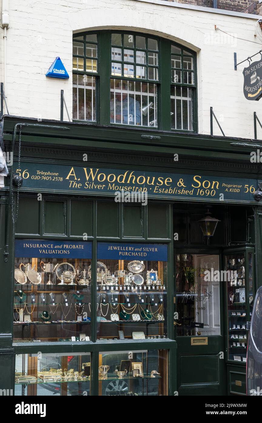 Shopfront of A Woodhouse & Son at the sign of 'The Silver Mouse Trap'. A jeweller and jewellery designer. Carey Street, City of London, England, UK. Stock Photo
