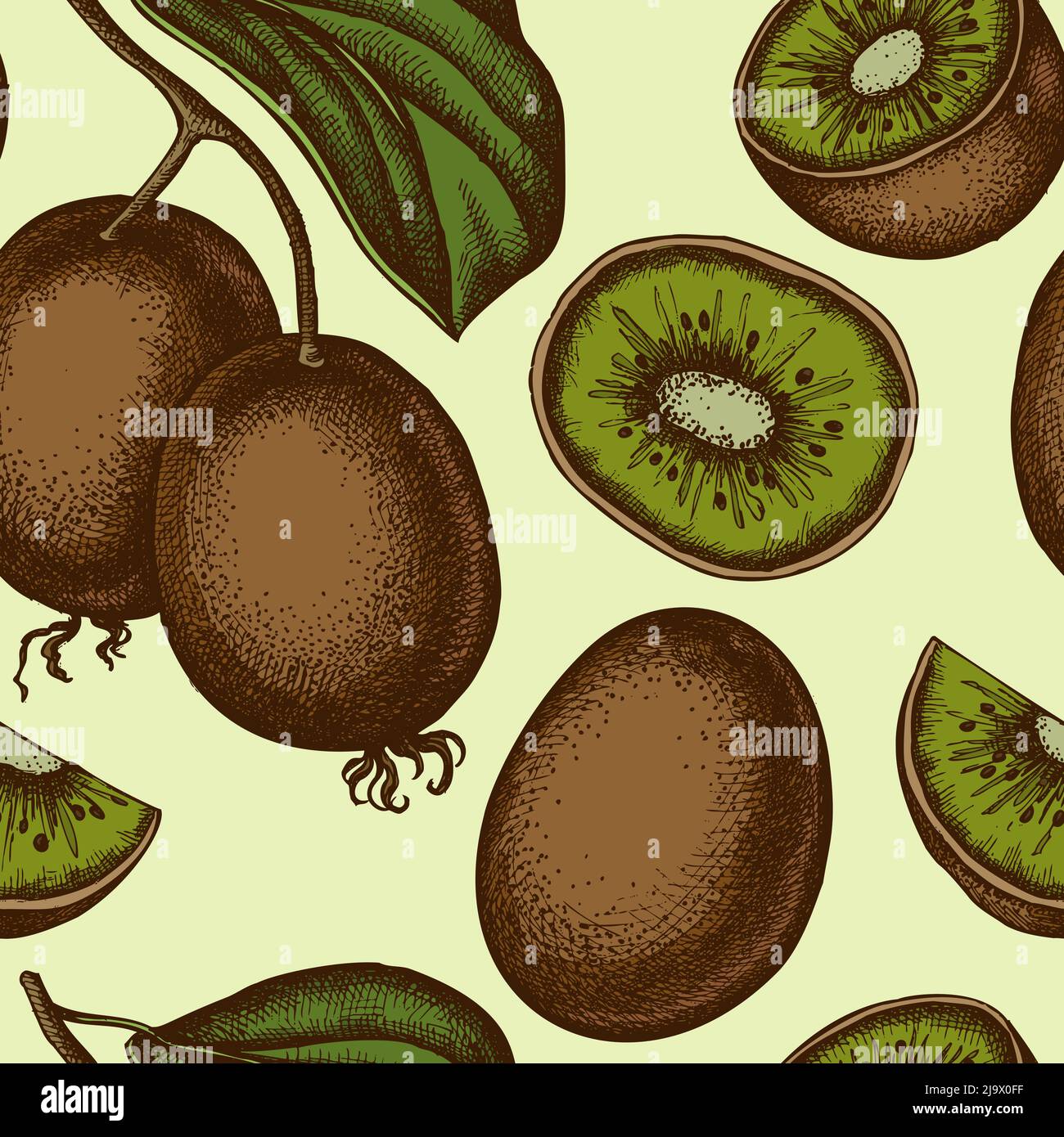 Fruits seamless pattern background design. Engraved style. Hand drawn kiwi fruit. Stock Vector