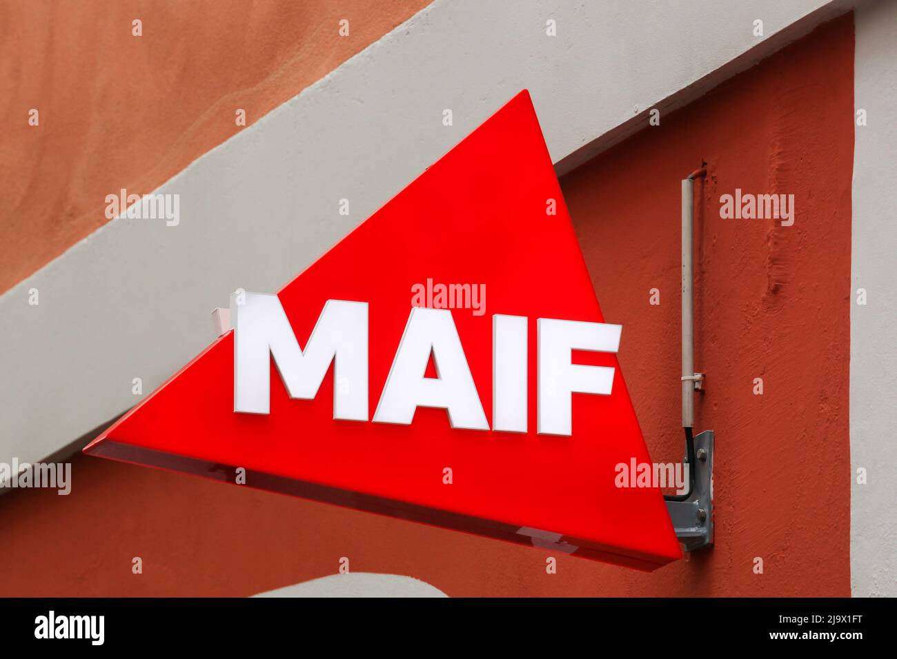 Grenoble, France - September 10, 2019: MAIF logo on a wall. MAIF is a French mutual insurance company headquartered in Niort, in Deux-Sevres Stock Photo