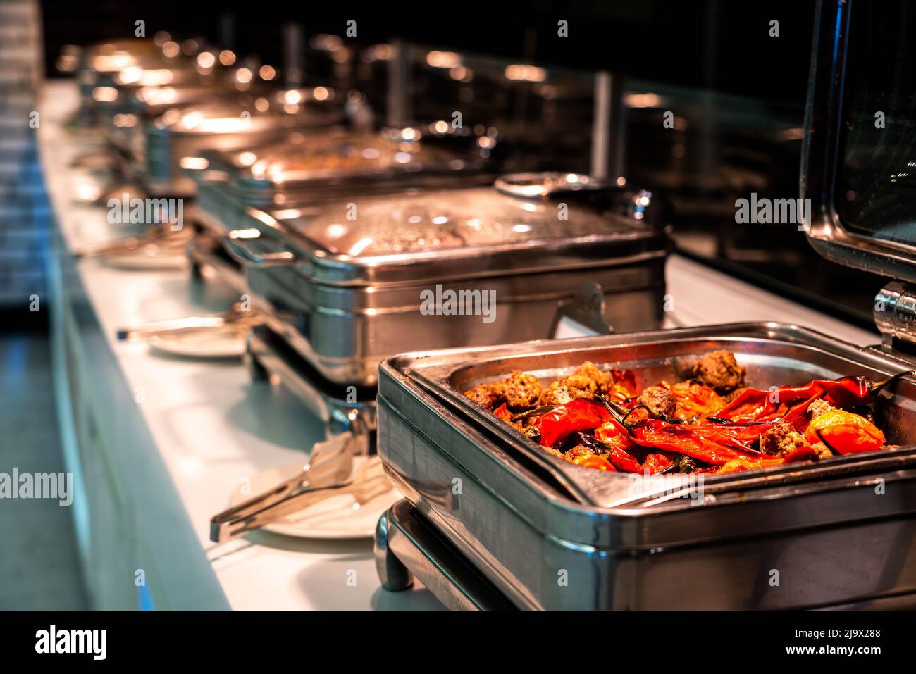 Breakfast and lunch buffet food catering banquet in hotel. Heated