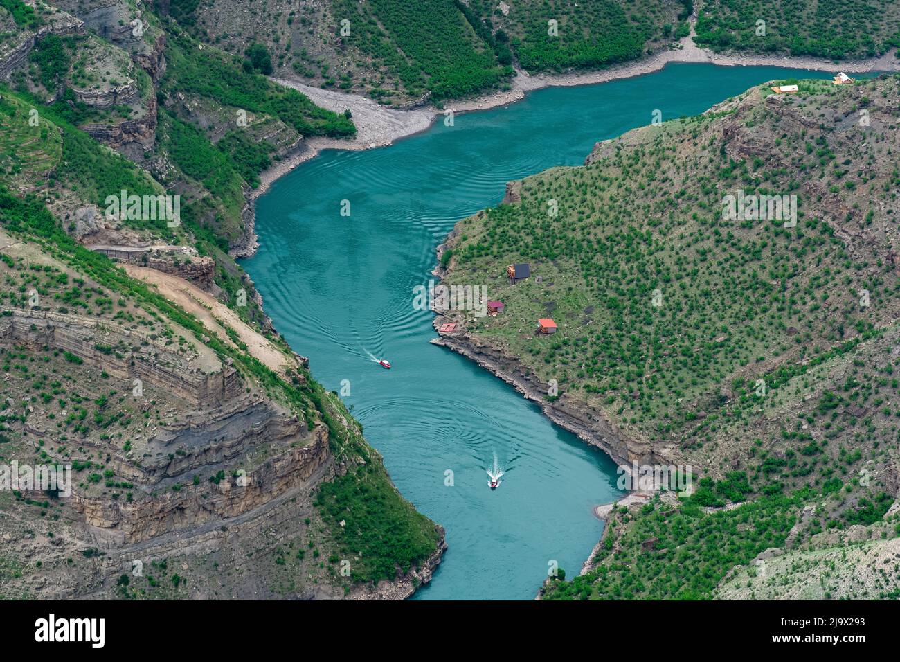 top view of the mountain river Sulak in Dagestan with a tourist boat base Stock Photo
