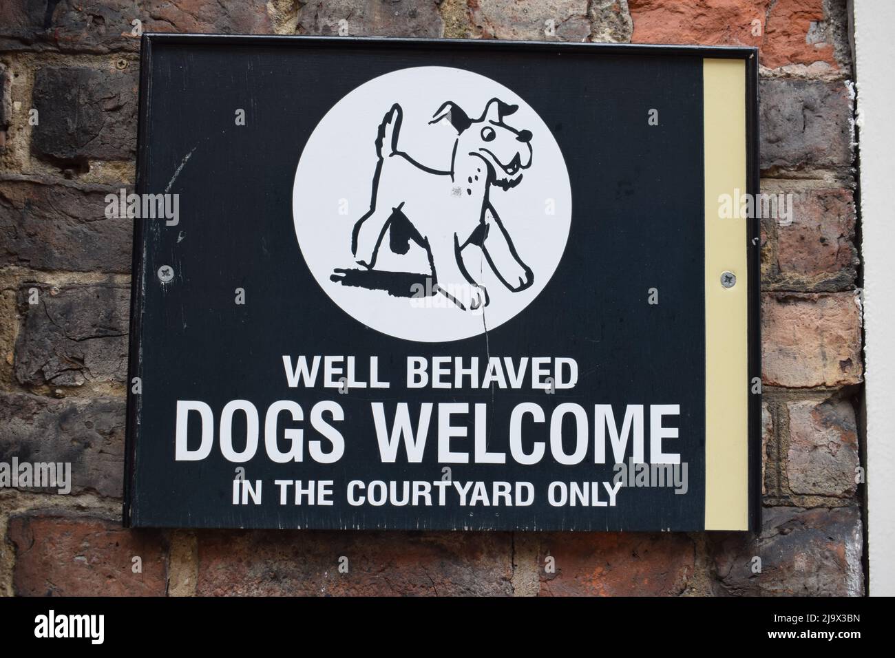 dogs welcome sign uk Stock Photo