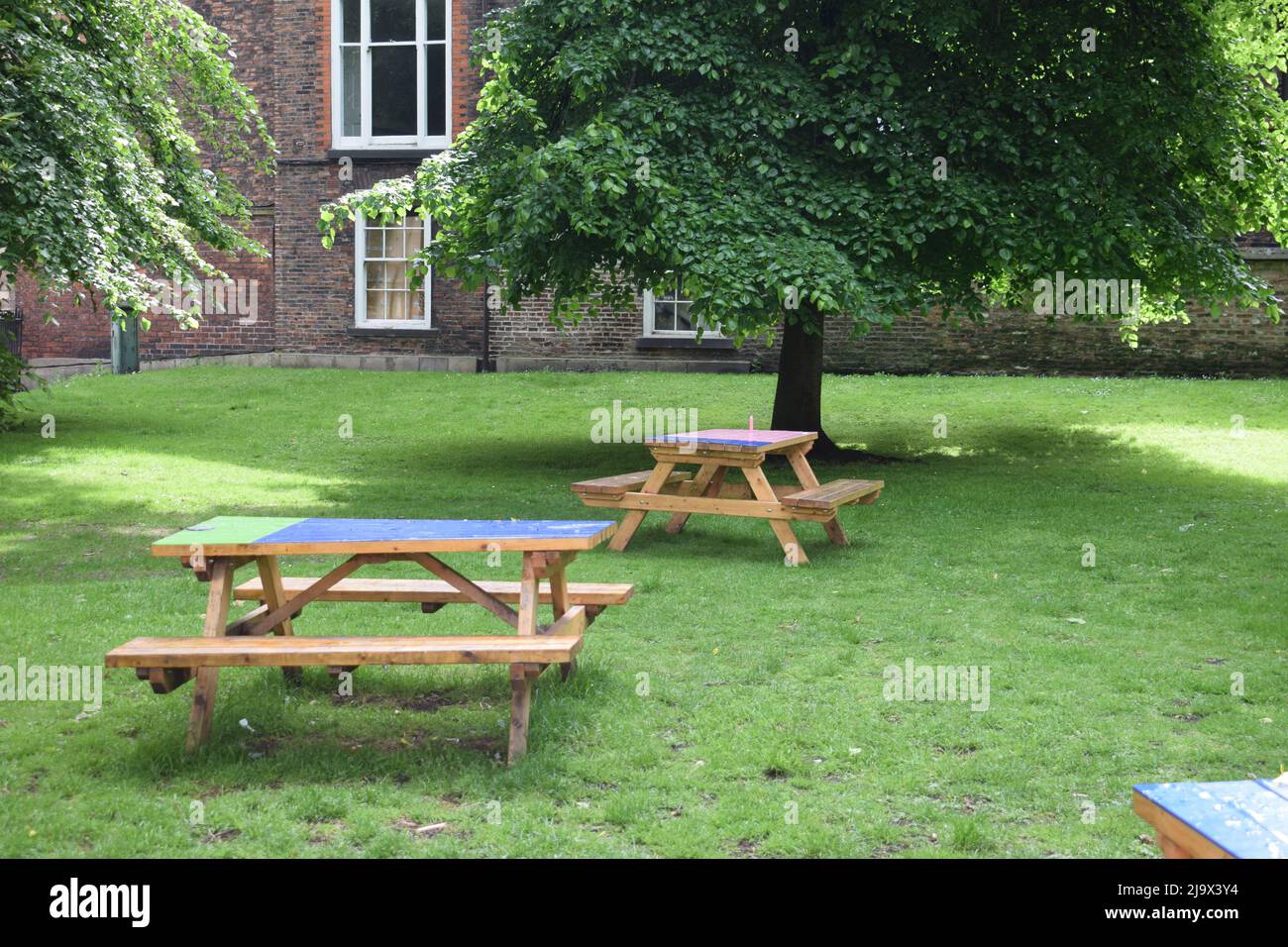 Picnic table at park lawn Stock Photo Alamy