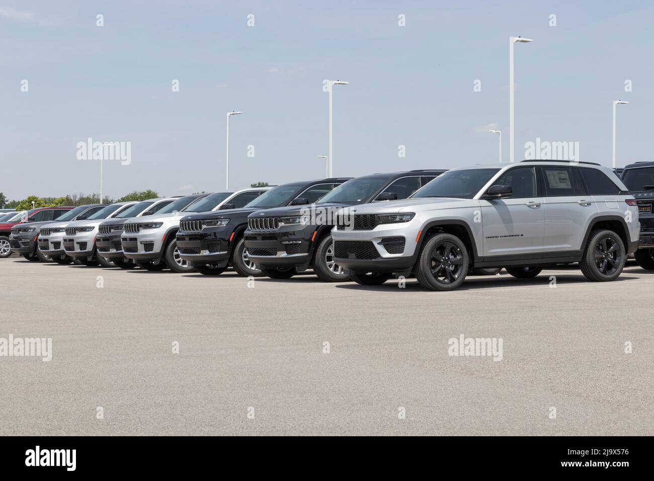 Lafayette - Circa May 2022: Jeep Grand Cherokee display at a Stellantis dealership. Jeep offers the Grand Cherokee in Laredo, Trailhawk and Overland m Stock Photo