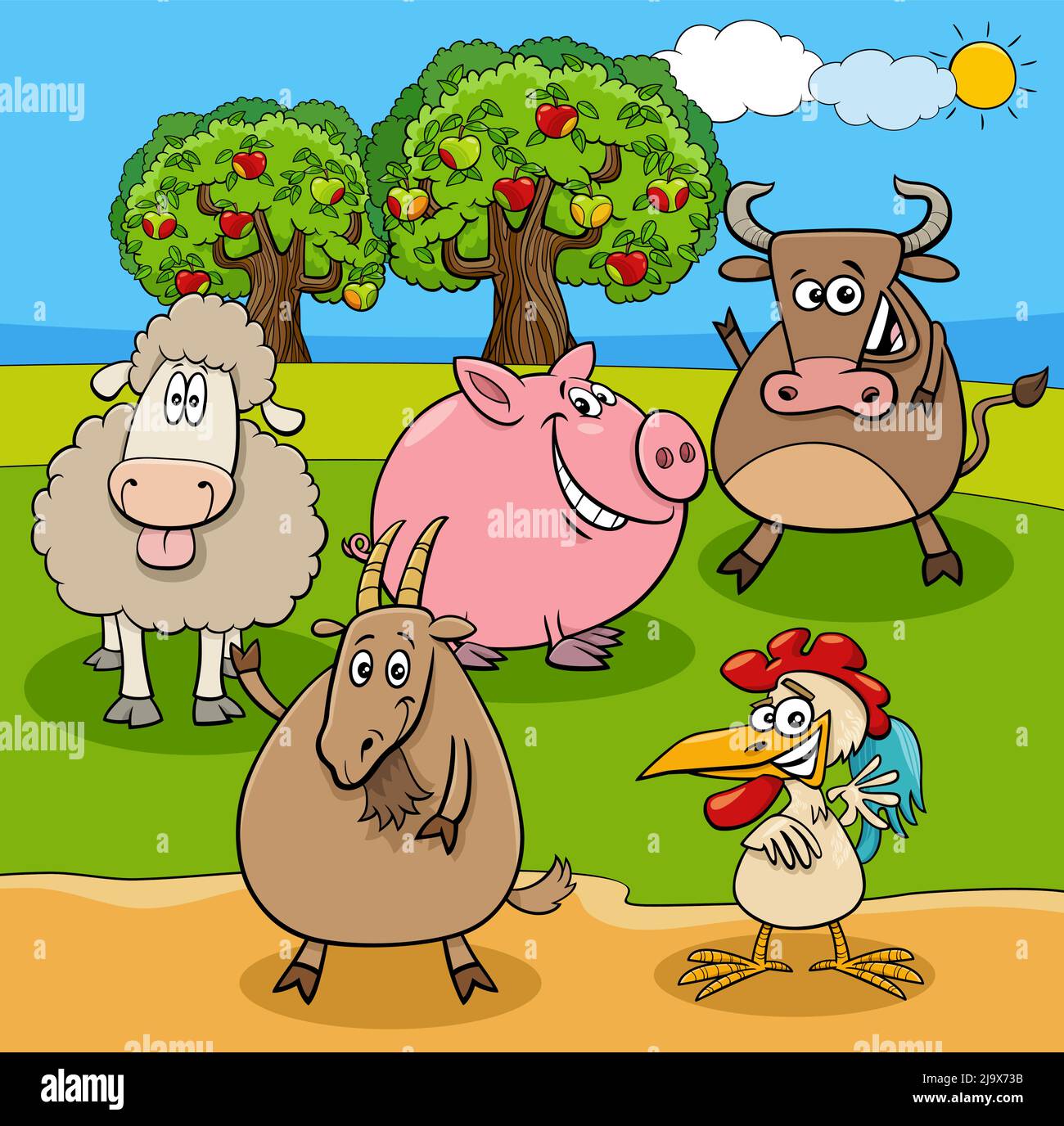 Cartoon illustration of farm animals group in the meadow Stock Vector ...