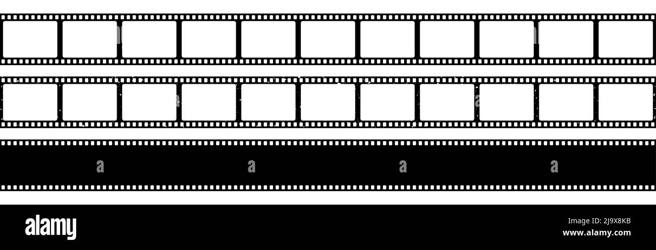 Film strip. Old cinema strips collection. Film frame template. Camera roll on white background. Empty grunge photo frames. Analog negatives. Vector Stock Vector