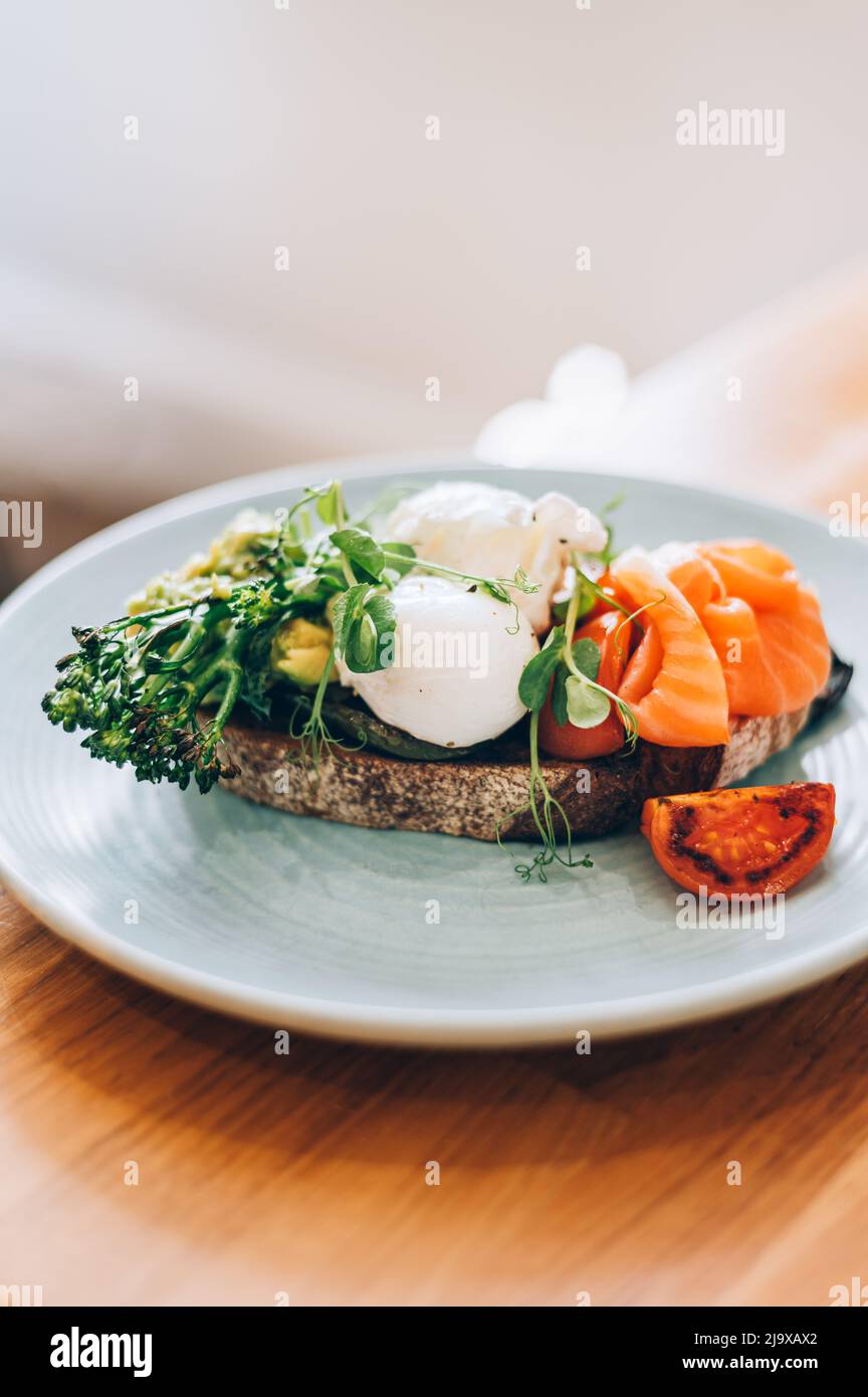 Healthy breakfast from poached eggs and veggies Stock Photo Alamy