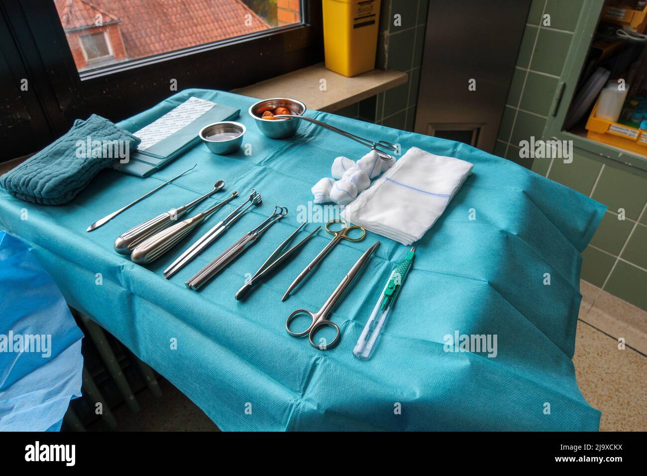 sterile instruments for performing small operation are placed on an