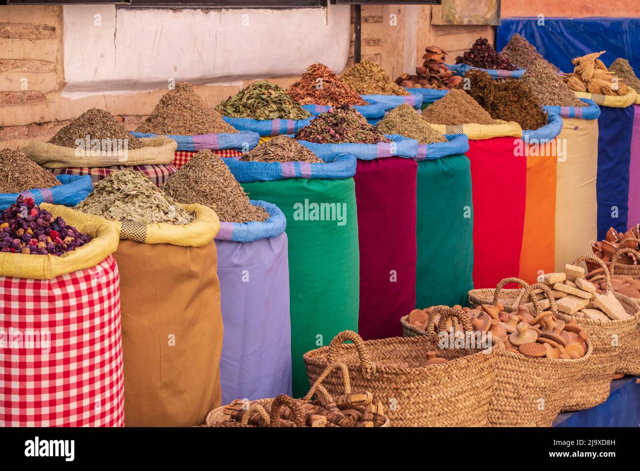 dried flowers for cooking and aromatic decoration, spice square souk, marrakesh, morocco, africa Stock Photo