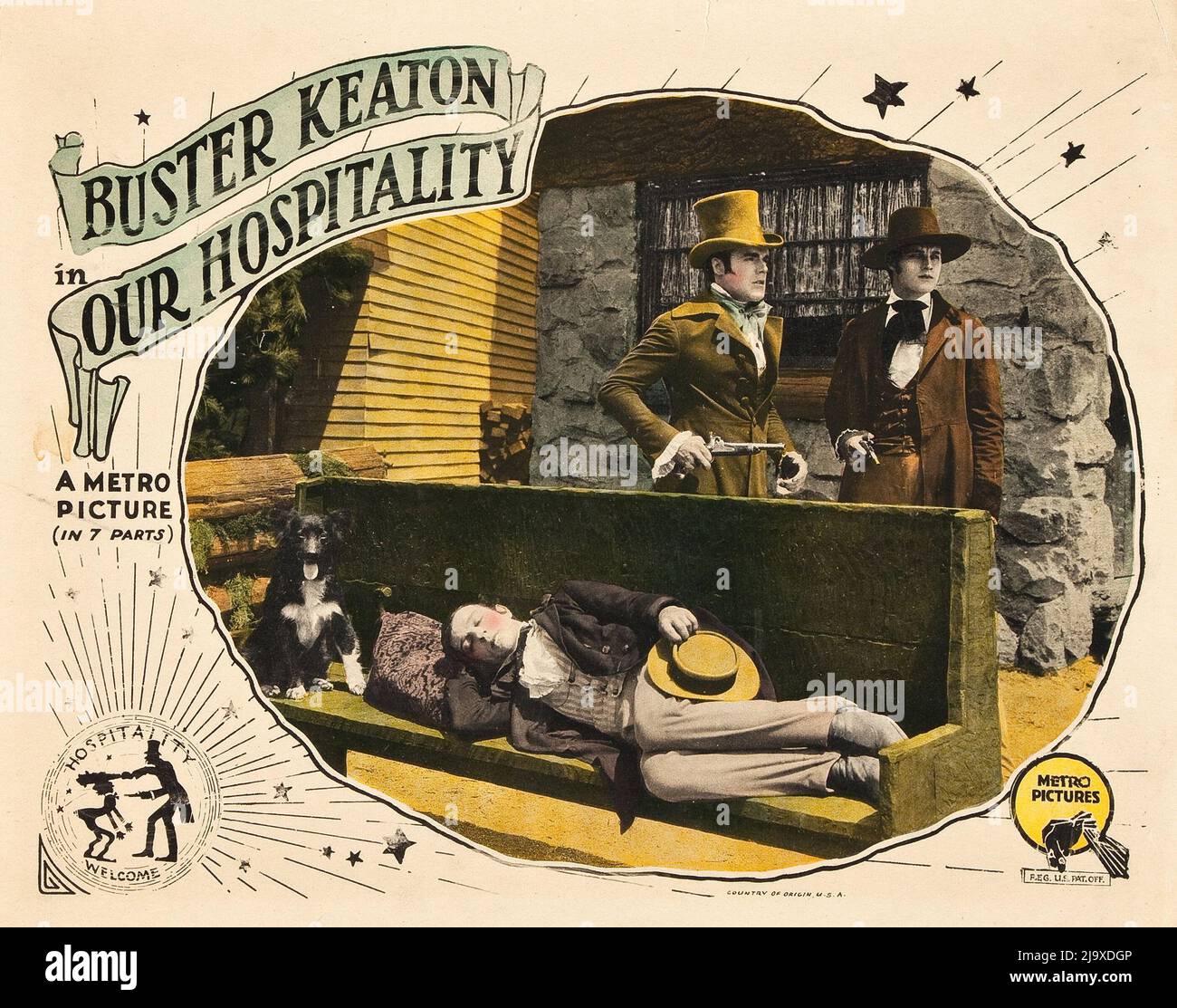 Buster Keaton Our Hospitality (Metro, 1923). Lobby Card. Old colorized photos. Vintage film poster. Stock Photo