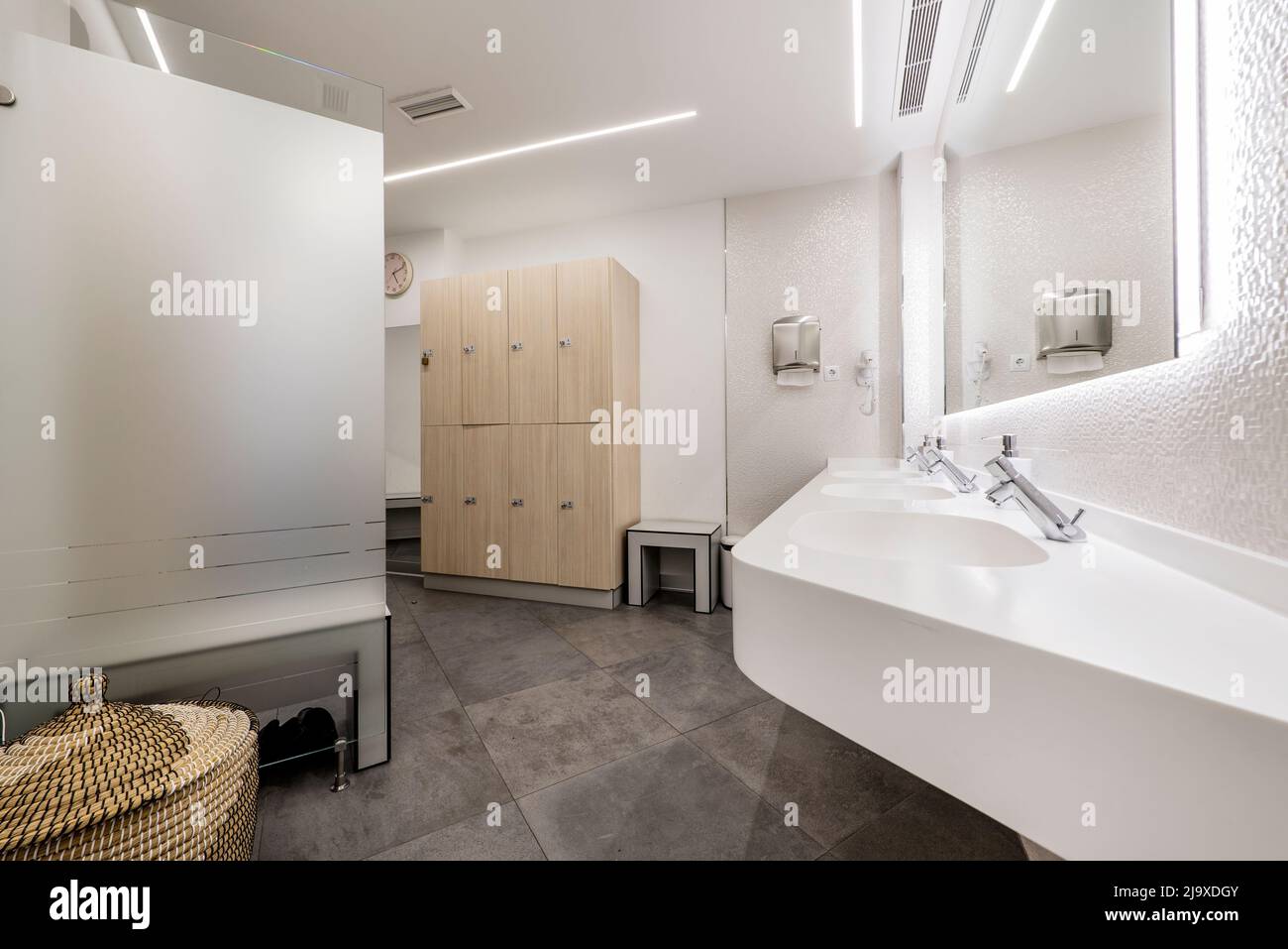 Toilet of a locker room of a gym with lockers and resin sink Stock Photo