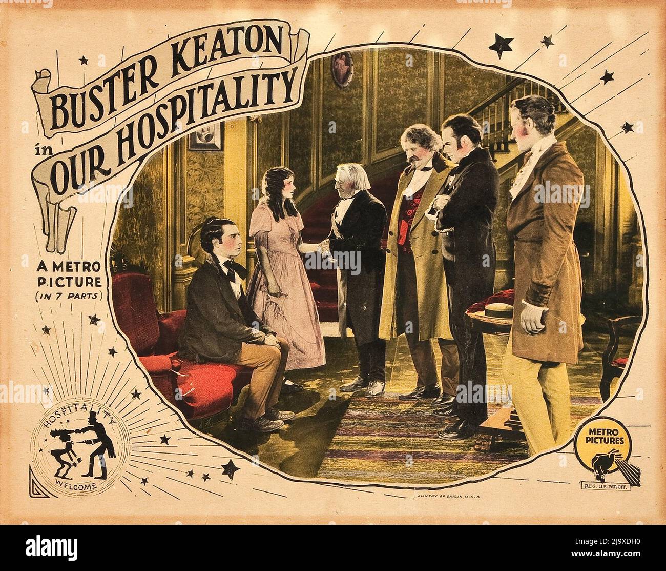 Buster Keaton Our Hospitality (Metro, 1923). Lobby Card. Old colorized photos. Vintage film poster. Stock Photo