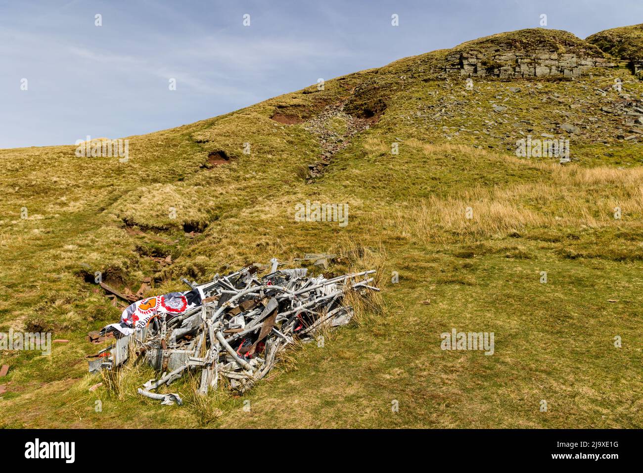 Wreckage of a Royal Canadian Air Force Wellington bomber (R1465) on a remote Welsh hillside. Stock Photo